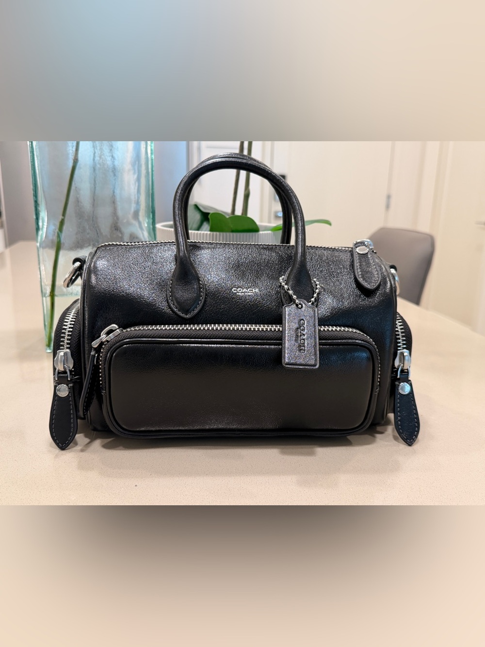 Coach Compass 25 with Pockets in Black Glazed Leather